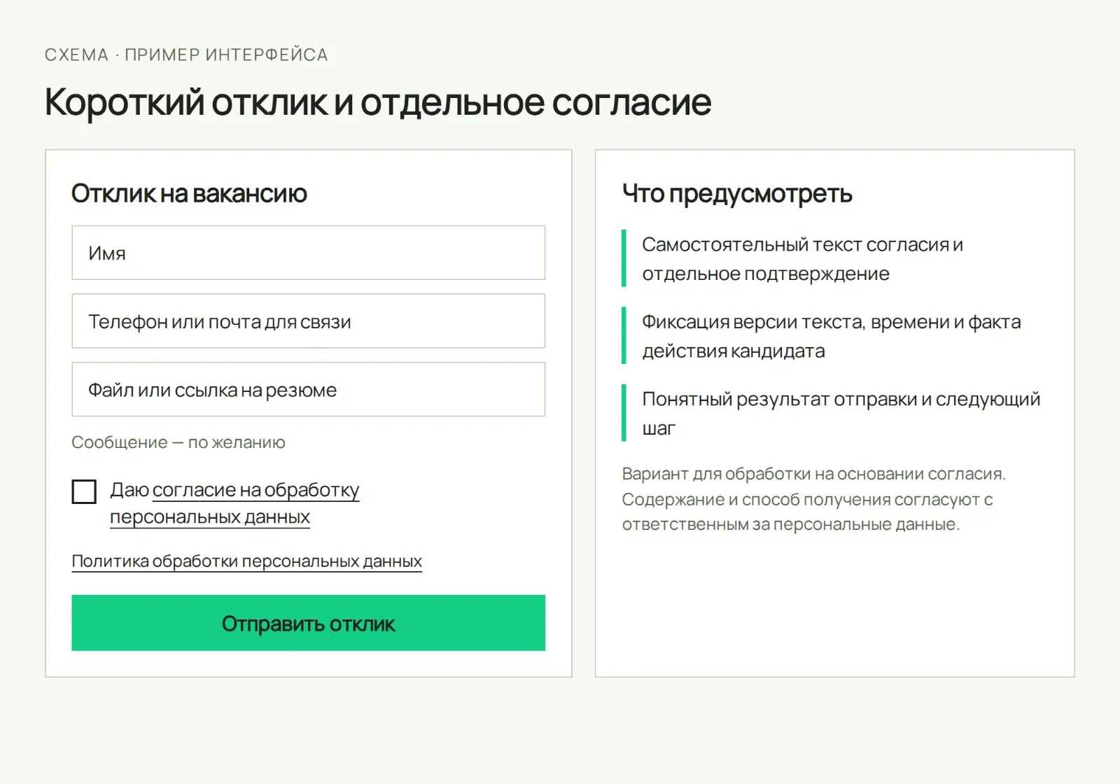 Схема отправки резюме: пример формы с отдельным подтверждением согласия и ссылкой на политику обработки данных